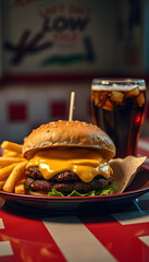 Cheeseburger With Fries And Cola On Classic Diner Table