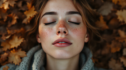 Fototapeta premium Face of a woman lying in autumn leaves. Quiet strength and natural beauty.