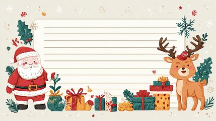 Cute Christmas letter template with Santa, reindeer, gifts, snowflakes and lined writing space for holiday note