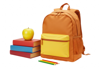 An orange backpack sits beside a stack of colorful books, a yellow apple, and pencils isolated on transparent background