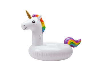A white inflatable unicorn pool float with a rainbow mane and tail isolated on a transparent background