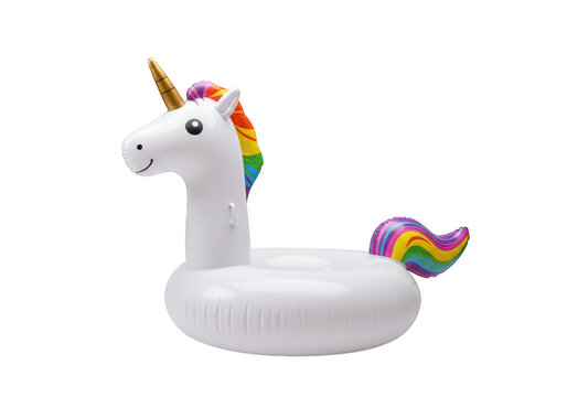 A white inflatable unicorn pool float with a rainbow mane and tail isolated on a transparent background