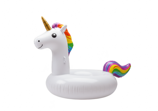 A white inflatable unicorn pool float with a rainbow mane and tail isolated on a transparent background