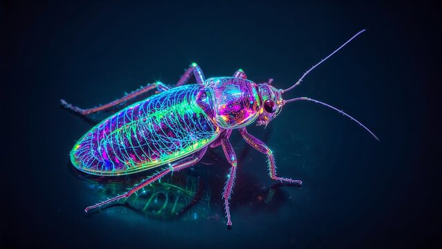 Displaying cockroach exhibiting vivid neon glow in lab on dark surface, with colored lighting - Powered by Adobe