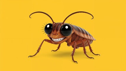 Showing cartoon-style cockroach insect spreading spiky legs and grinning on yellow backdrop, vector