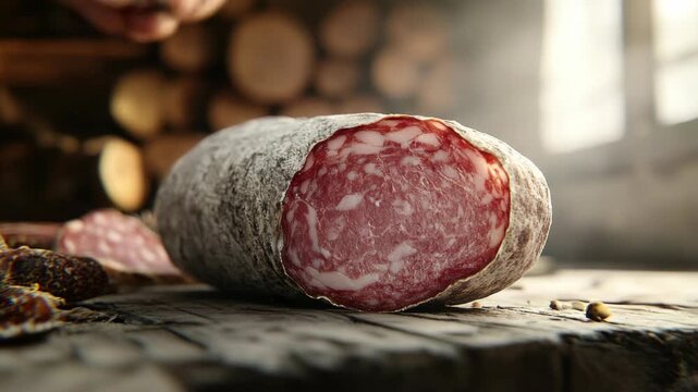 Freshly prepared salami on a wooden table. A classic Italian dish, often made from pork and seasoned with a blend of herbs.