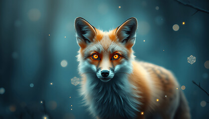 Fantasy Fox With Glowing Eyes And Mystic Blue Forest