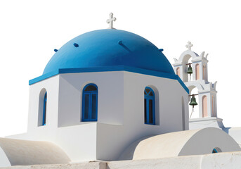 A classic white church with a bright blue dome and bell tower, a quintessential greek island landmark isolated on transparent background