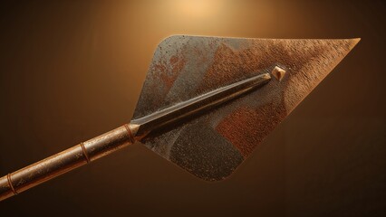 Showcasing rusted spearhead with triangular blade on weathered shaft in studio showing corrosion