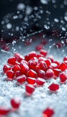 Frozen Pomegranate Seeds With Frost Crystals On Glass Surface