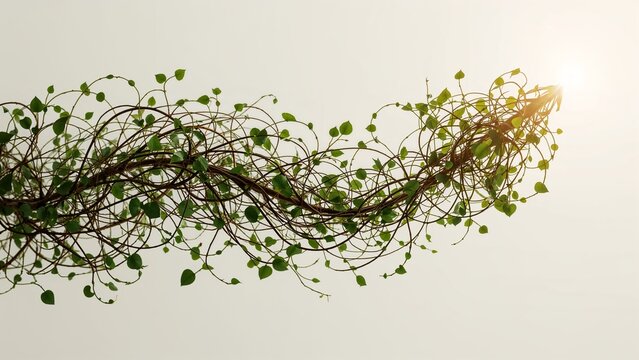 Swirling brown vines twisting across gradient backdrop, with glowing orb and heart-shaped leaves