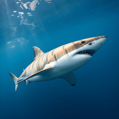 Great White Shark Swimming Beneath Ocean Surface In Clear Water
