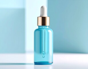 Aqua serum in glass bottle showcases a light blue liquid with dropper and gold accents, promoting health and wellness.