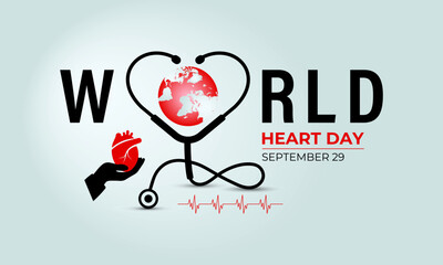 Vector graphic of World heart day with red heart  background template. A concept for healthcare and medicine. Realistic ribbon Pulse line with heartbeat monitor. Banner poster, social media design.