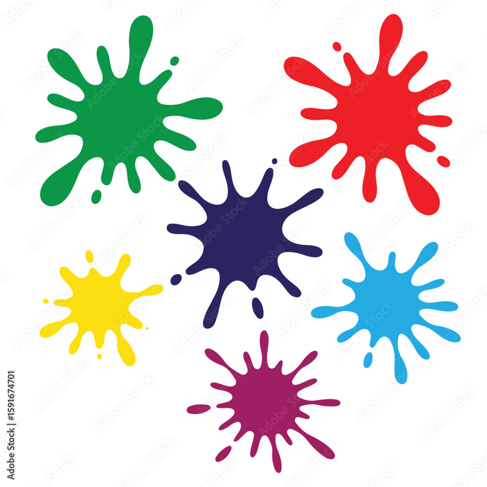 Poster a collection of colorful paint splatters arranged on a white background in a random pattern design s