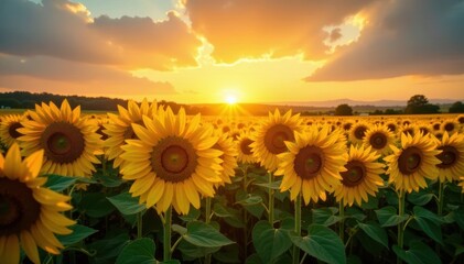 Fototapeta premium Golden hour sunset bathes vast sunflower field in warm light , field, rural, beauty