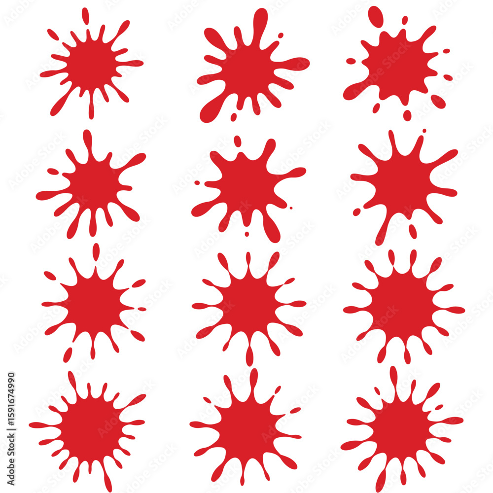 Poster twelve red paint splatters arranged in a grid pattern on a white background showcasing fluid dynamic