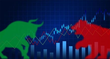 Stock market investment graph background with bull and bear, blue background with grid, candlesticks, and growing arrows