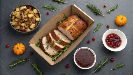 Delicious roasted turkey dinner with cranberries and stuffing