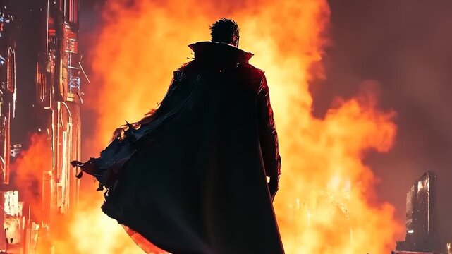 A man in a long coat facing away from fiery cityscape