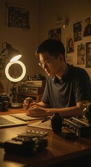  Young Content Creator with 1990s Aesthetic Using Vintage and Modern Gear for Social Media