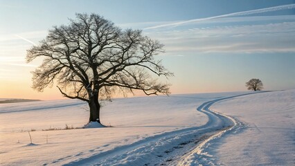 A solitary bare tree stands in a vast snow covered field with a winding path of footprints leading towards it under a pale cloudy sky