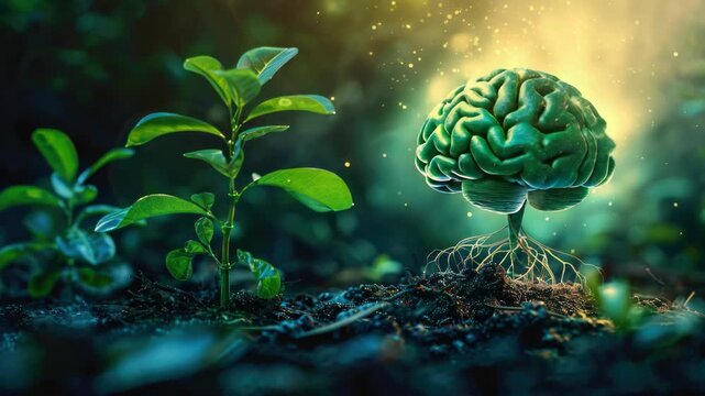 Brain-like plant growing from soil, symbolizing growth in education and intelligence.