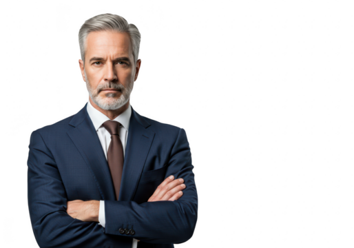 A serious businessman with gray hair and a beard stands with arms crossed, isolated on a transparent background