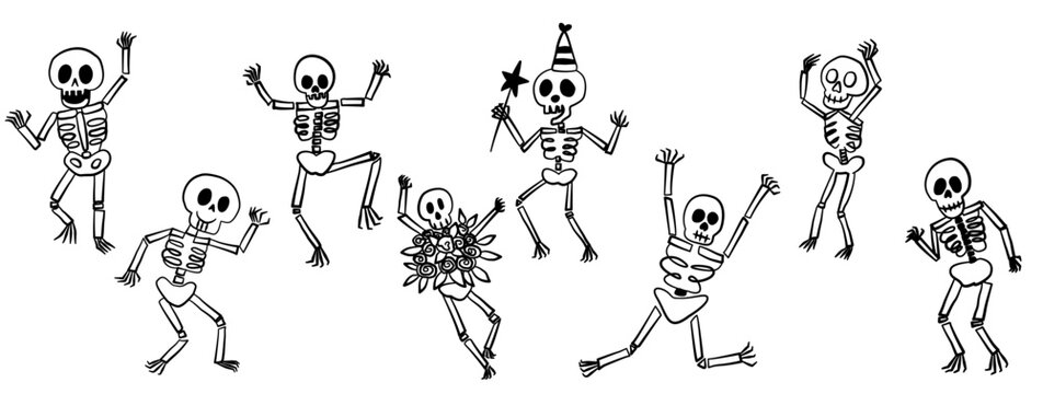 Cute funny skeletons in different poses, illustration for Halloween, Party bash dancing skeletons