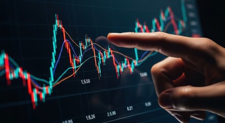 Finger pointing at glowing stock market trading chart with red and green candlesticks finance technology