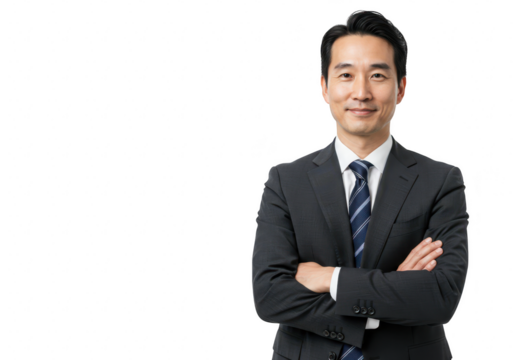 A professional asian businessman in a dark suit with arms crossed, isolated on a transparent background