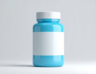 A light blue pill bottle with a white label offers space for supplements or medication information against a neutral background.