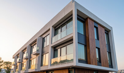 Obraz premium Modern architecture residential building contemporary design large windows wooden accents urban setting sunset lighting stylish facade