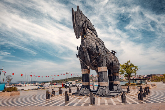 6 May 2025, Canakkale, Turkey: Large wooden Trojan Horse statue overlooking the city, a popular tourist attraction and symbol