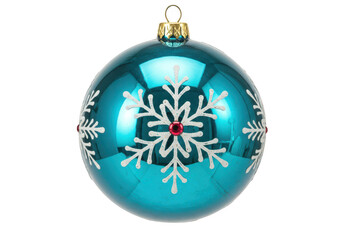 A shiny teal christmas ornament with white snowflakes and a red center hangs, isolated on a transparent background