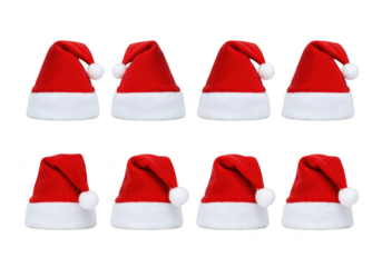 A collection of eight red santa hats with white fur trim and white pompoms, isolated on a transparent background