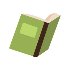 Green book laying open on a surface highlighting the pages and spine at an indoor location. Isolated vector illustration in flat style on white background.
