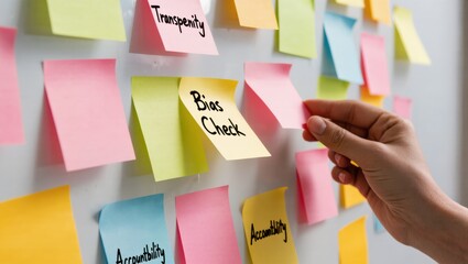 Hands Placing Sticky Notes on a Board with Words Related to Transparency and Accountability