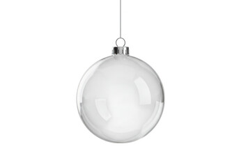 A clear glass christmas ornament hangs isolated on a transparent background, ready for customization