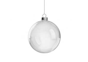 A clear glass christmas ornament hangs isolated on a transparent background, ready for customization