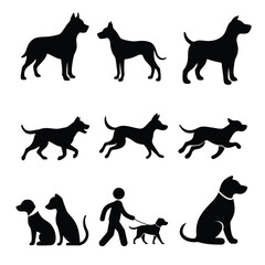 Collection of dog silhouettes in various poses isolated on white background