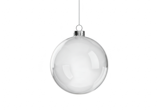 A clear glass christmas ornament hangs isolated on a transparent background, ready for customization