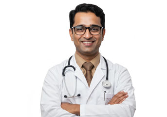 A smiling indian doctor in a white lab coat with a stethoscope around his neck, isolated on transparent background
