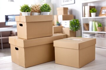 Cardboard boxes stacked in a room, relocation