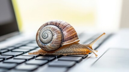 Snail crawling on laptop keyboard symbolizing slow internet speed