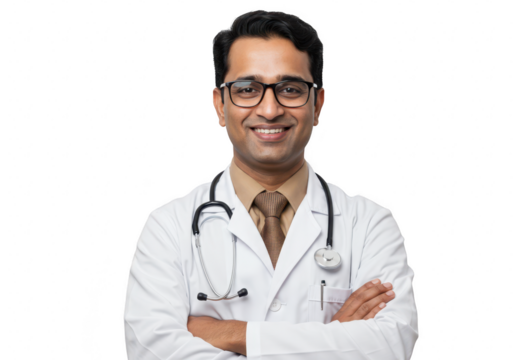 A smiling indian doctor in a white lab coat with a stethoscope around his neck, isolated on transparent background - Powered by Adobe