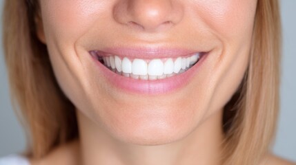 Obraz premium Close-up of a smiling lower face with light-brown hair, bright white teeth, smooth peachy skin, and a neutral blurred background highlighting the joyful expression.