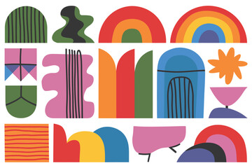 Obraz premium Colorful vector illustration set of cartoon city houses with trees, cars, and people, perfect for seamless design patterns