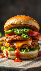 Spicy Chicken Burger With Jalapenos And Chipotle Sauce Drip
