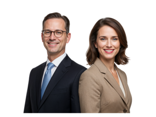 Professional business man and woman smiling confidently together isolated on transparent background